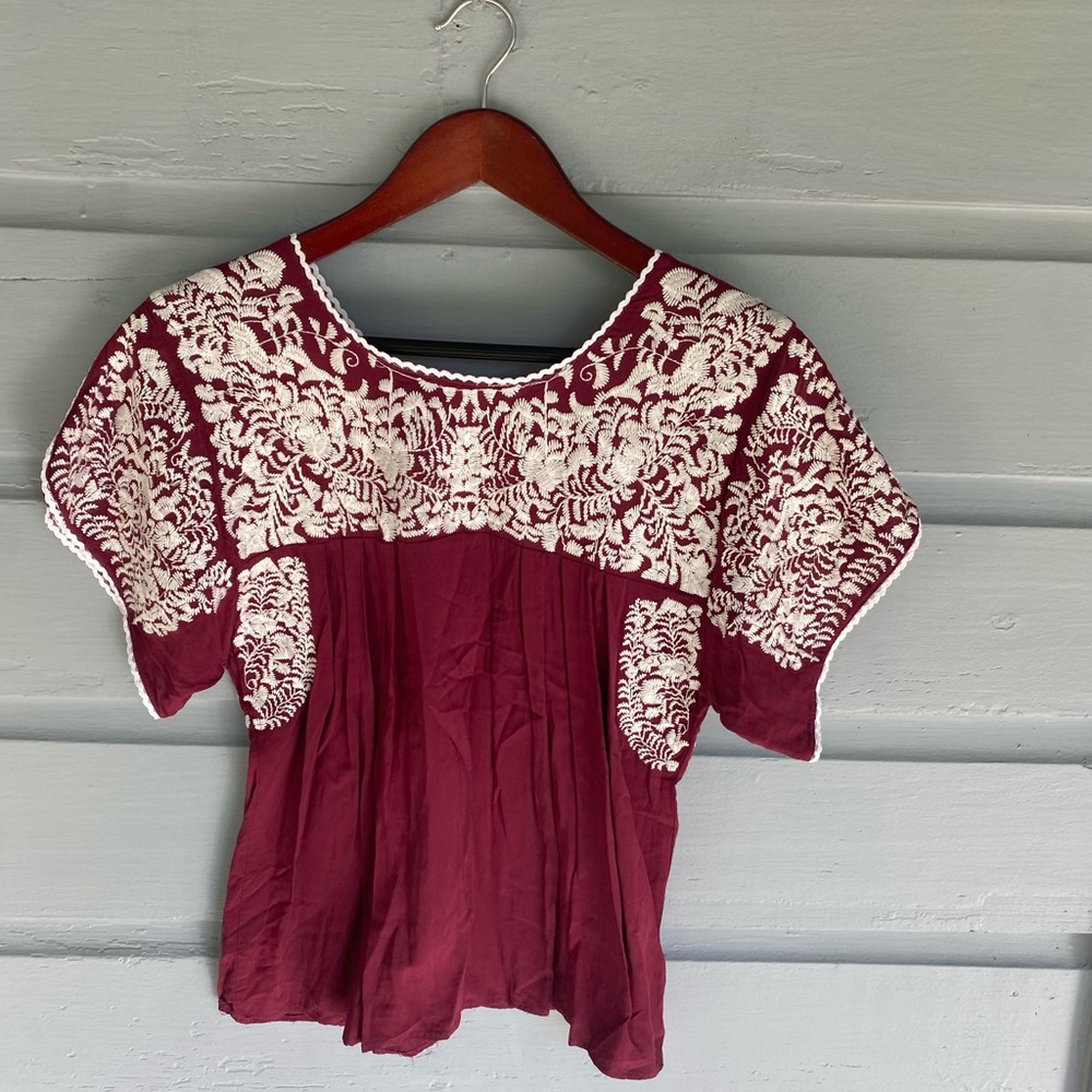 Buddy Love Embroidered Maroon Fiesta Women's Top Small